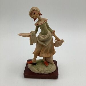 Vintage Hand-Painted Ceramic Maid Figurine Holding Teapot & Tray On Wooden Base